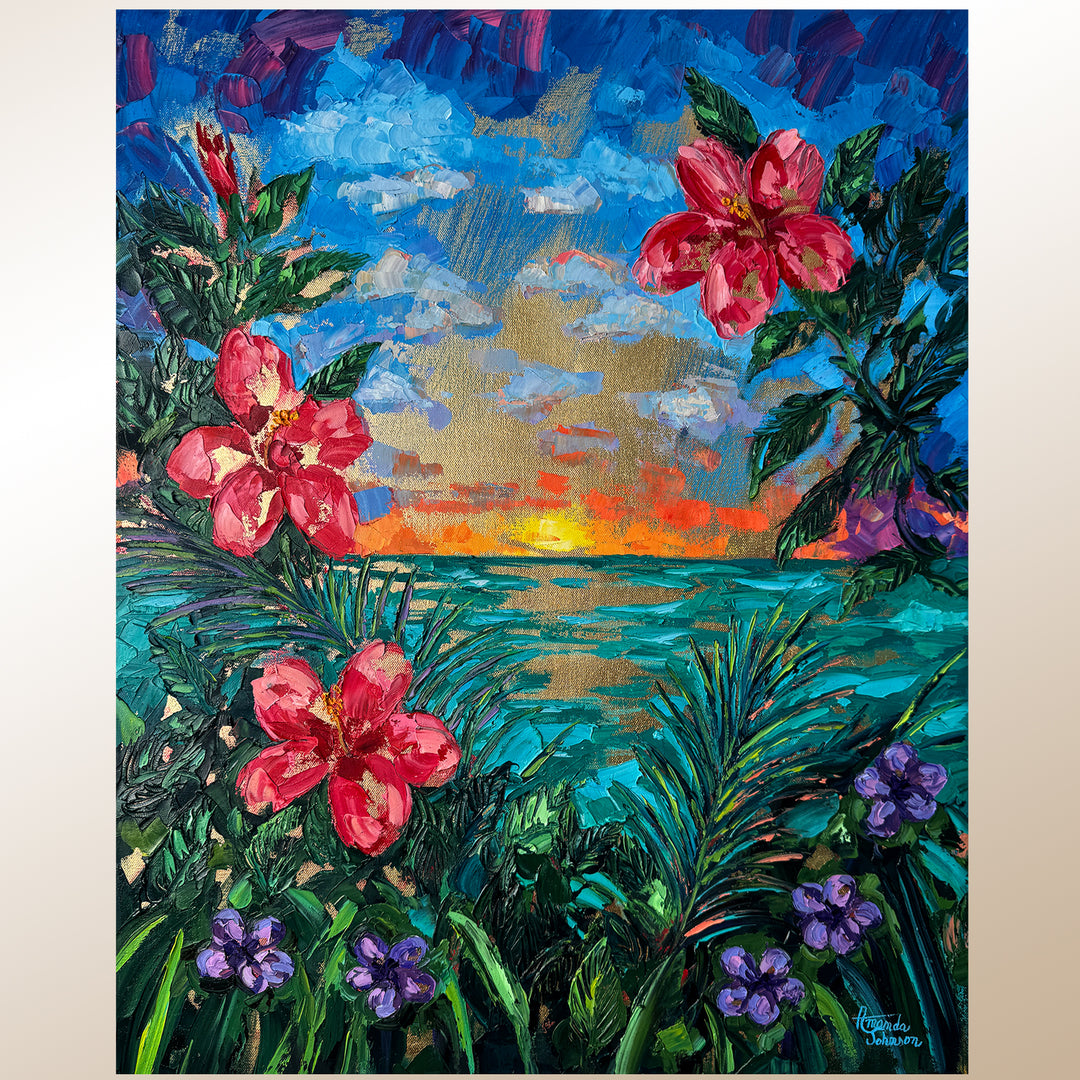 Golden Hibiscus Sunset – Original Oil and Gold Leaf On Canvas