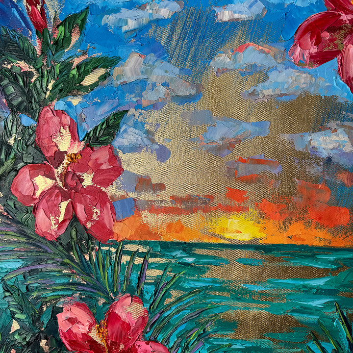 Golden Hibiscus Sunset – Original Oil and Gold Leaf On Canvas