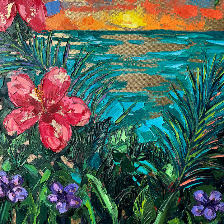 Golden Hibiscus Sunset – Original Oil and Gold Leaf On Canvas