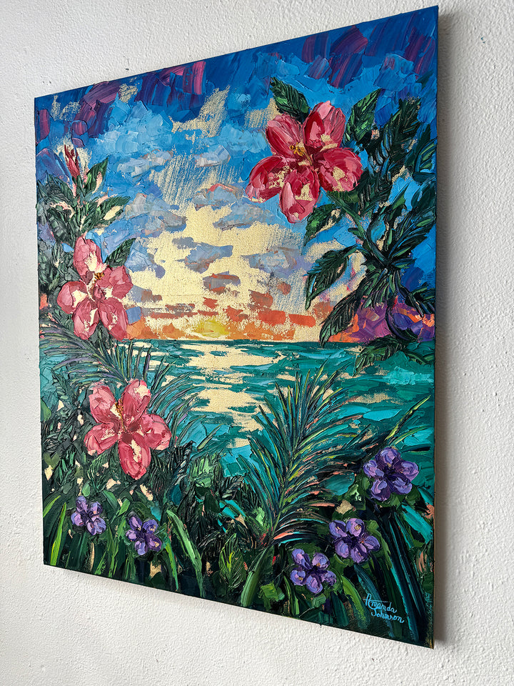 Golden Hibiscus Sunset – Original Oil and Gold Leaf On Canvas