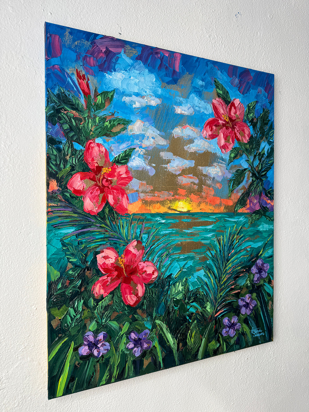 Golden Hibiscus Sunset – Original Oil and Gold Leaf On Canvas