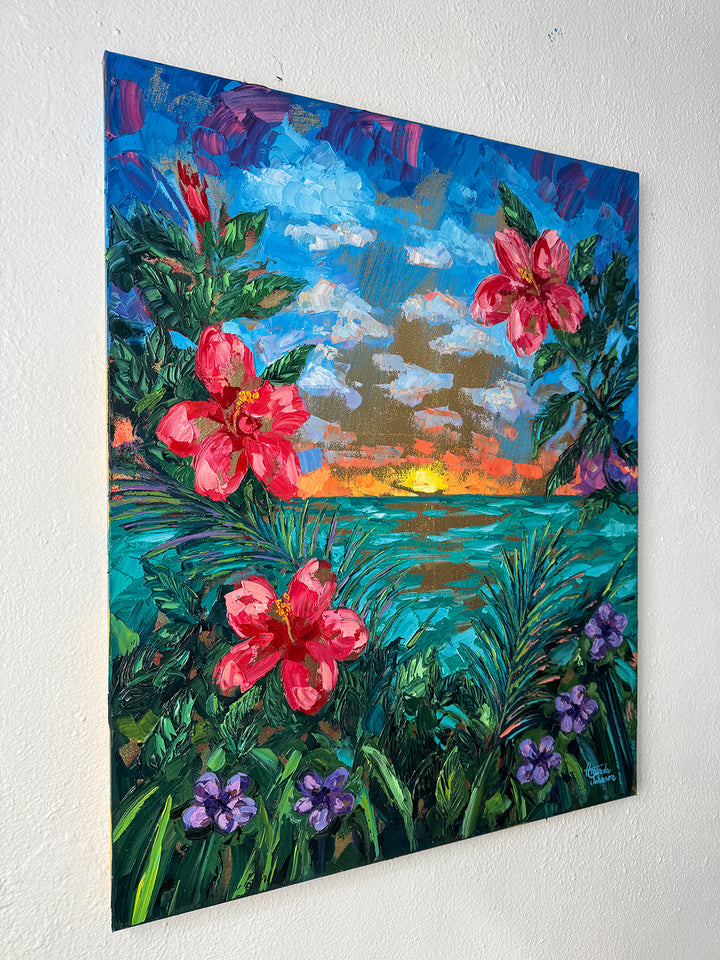 Golden Hibiscus Sunset – Original Oil and Gold Leaf On Canvas