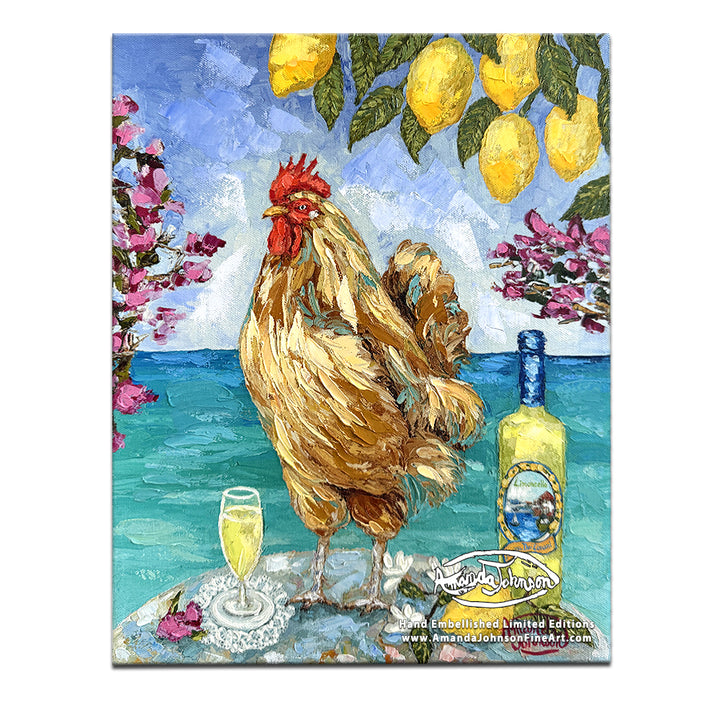 Limoncello Rooster- LE Embellished Giclee On Canvas