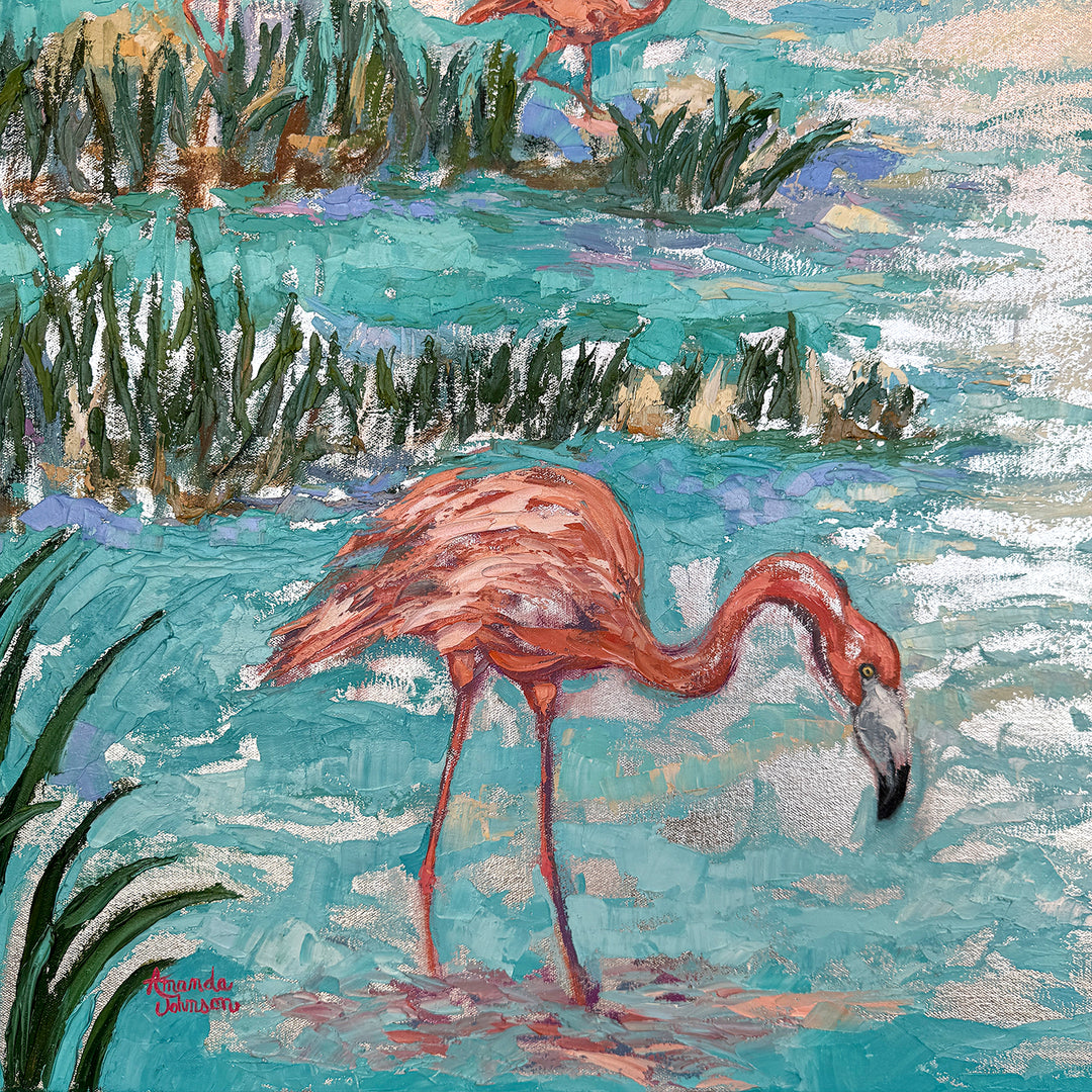 Silver Flamingos – Original Oil And Silver Leaf On Canvas