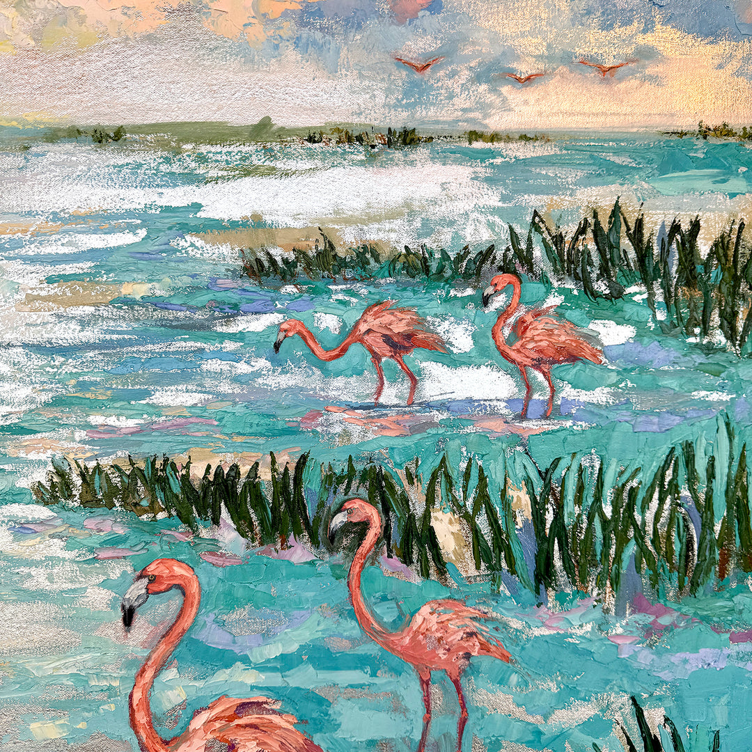 Silver Flamingos – Original Oil And Silver Leaf On Canvas