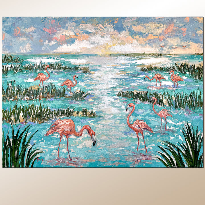 Silver Flamingos – Original Oil And Silver Leaf On Canvas