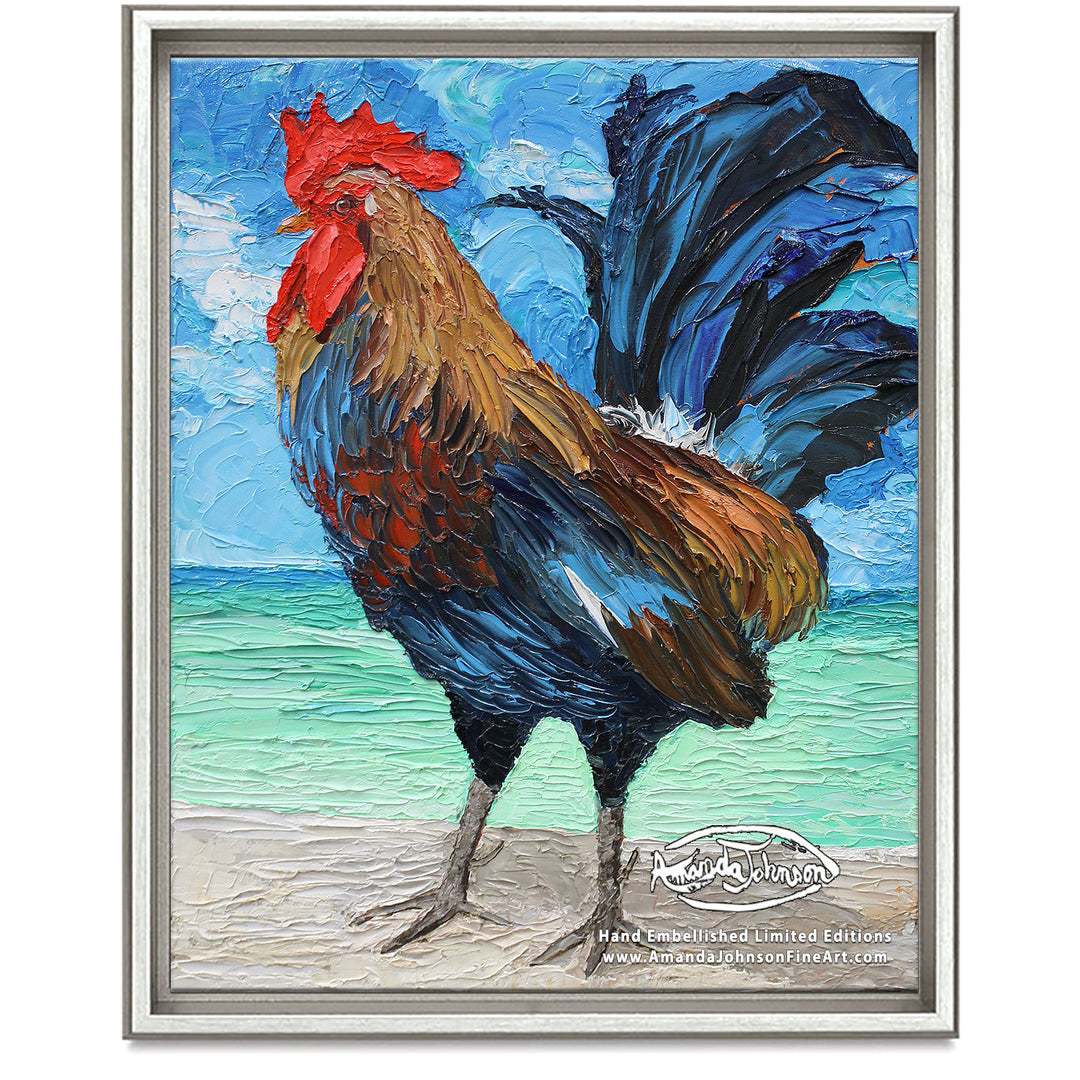 Beach Rooster- LE Embellished Giclee On Canvas
