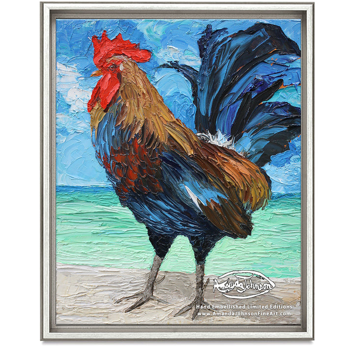 Beach Rooster- LE Embellished Giclee On Canvas