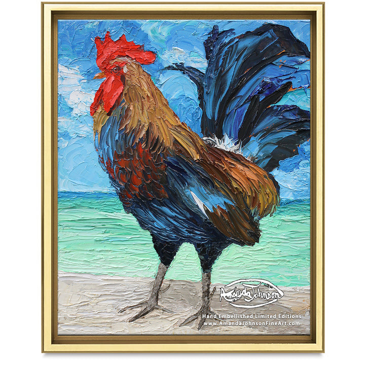 Beach Rooster- LE Embellished Giclee On Canvas