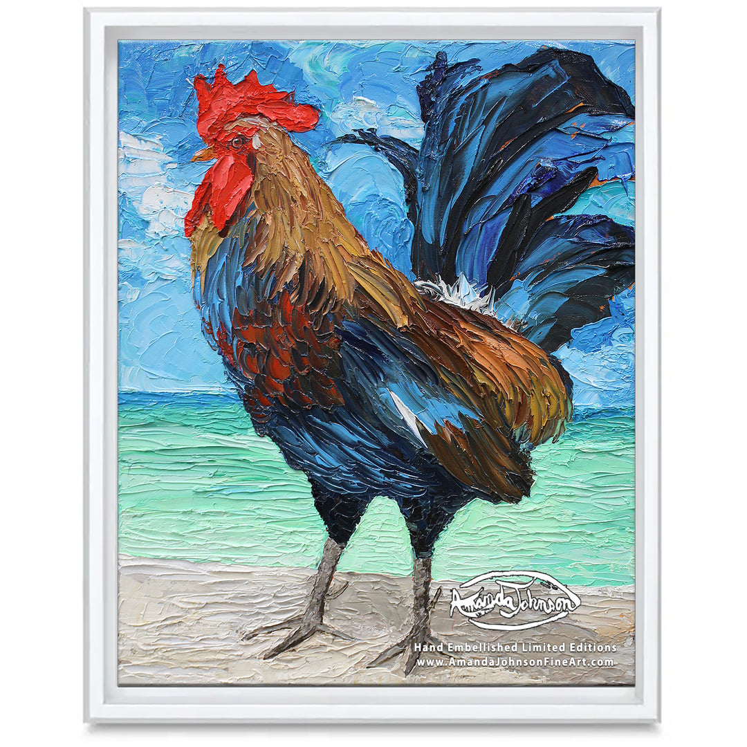 Beach Rooster- LE Embellished Giclee On Canvas