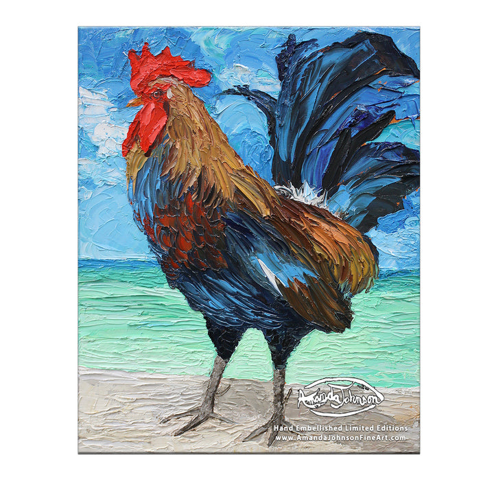 Beach Rooster- LE Embellished Giclee On Canvas