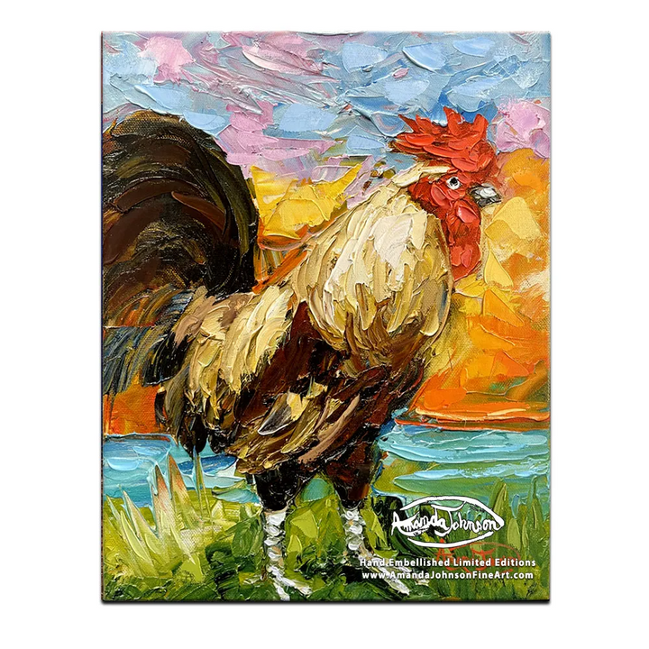 Morning Rooster II – LE Embellished Giclee On Canvas