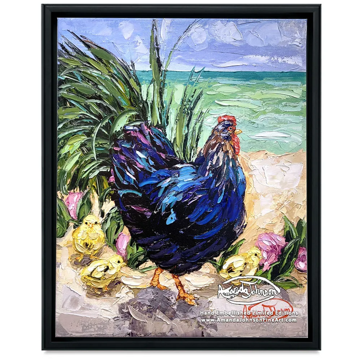Key West Rooster Family Hen – LE Embellished Giclee On Canvas