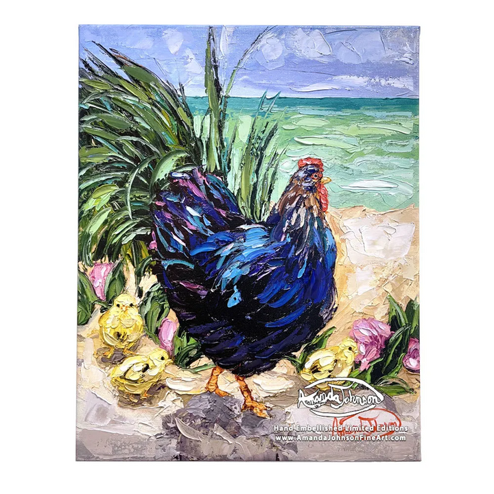 Key West Rooster Family Hen – LE Embellished Giclee On Canvas