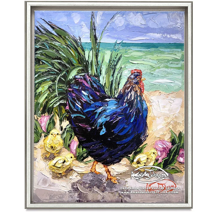 Key West Rooster Family Hen – LE Embellished Giclee On Canvas