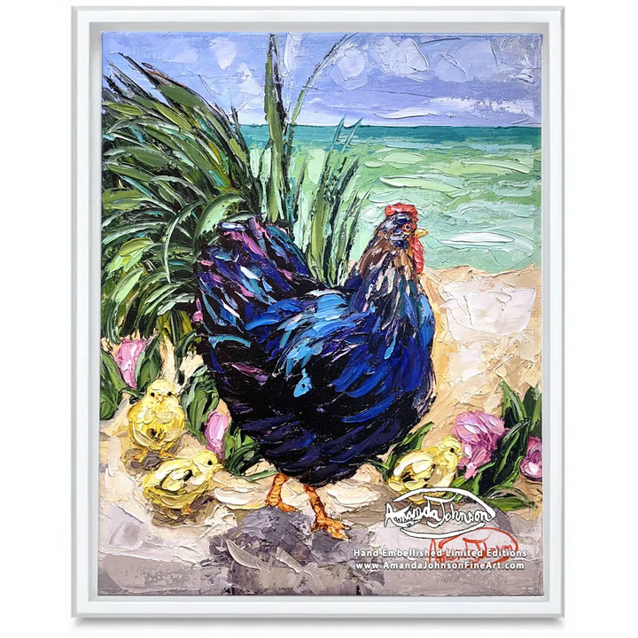Key West Rooster Family Hen – LE Embellished Giclee On Canvas