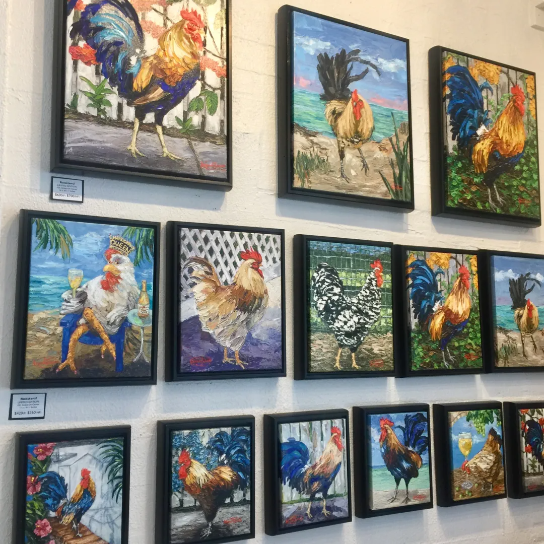 Key West Rooster Family Hen – LE Embellished Giclee On Canvas