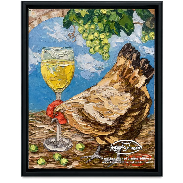 Wine Roosters – White Hen – LE Embellished Giclee On Canvas