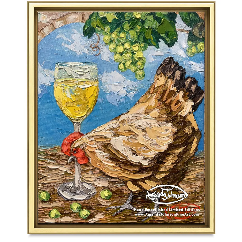 Wine Roosters – White Hen – LE Embellished Giclee On Canvas