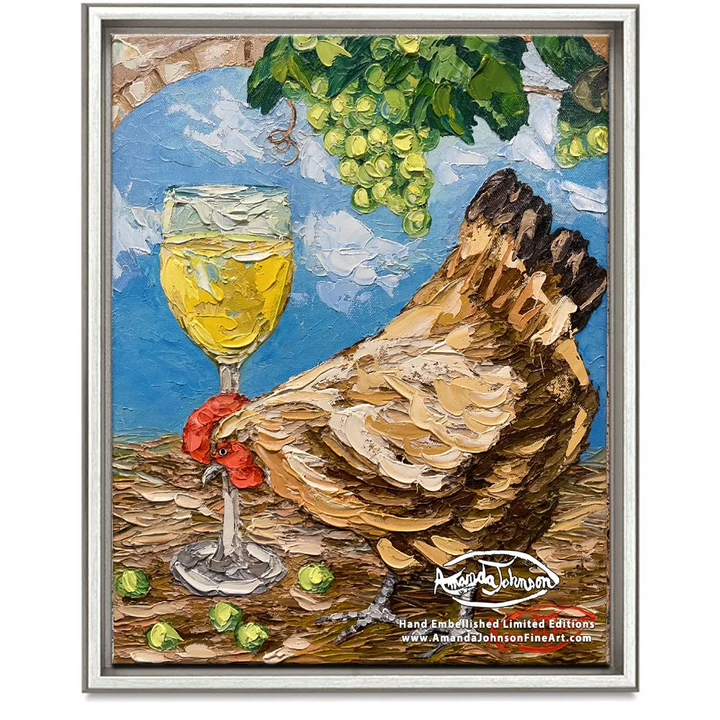 Wine Roosters – White Hen – LE Embellished Giclee On Canvas