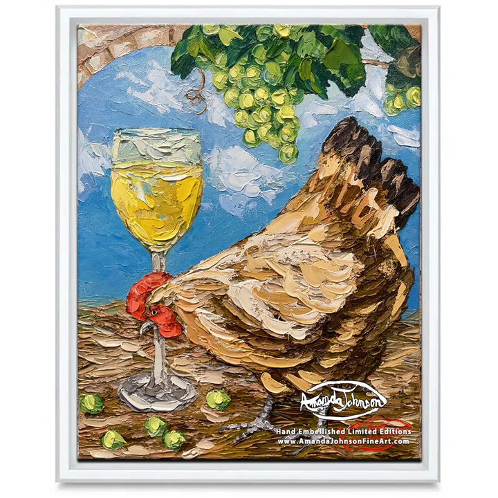Wine Roosters – White Hen – LE Embellished Giclee On Canvas