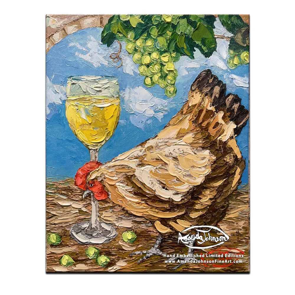 Wine Roosters – White Hen – LE Embellished Giclee On Canvas