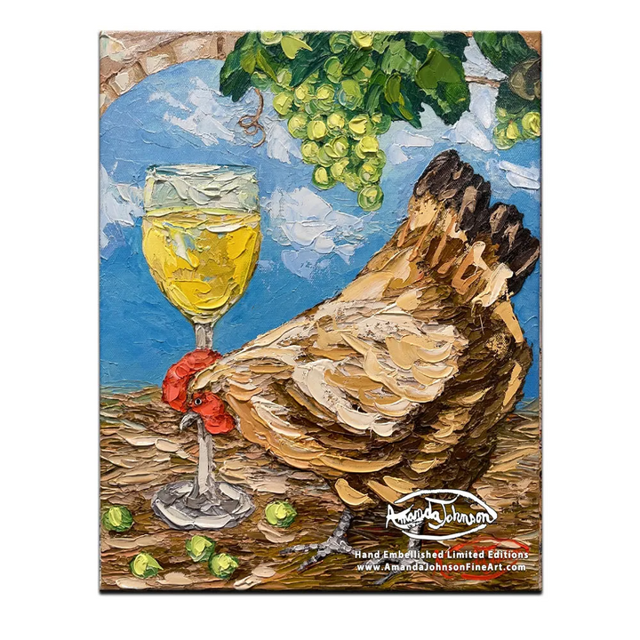 Wine Roosters – White Hen – LE Embellished Giclee On Canvas