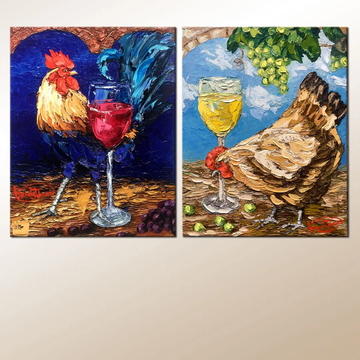 Wine Roosters – White Hen – LE Embellished Giclee On Canvas