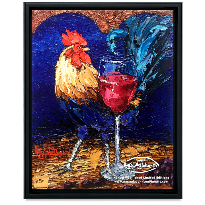 Wine Roosters – Red Cock – LE Embellished Giclee On Canvas