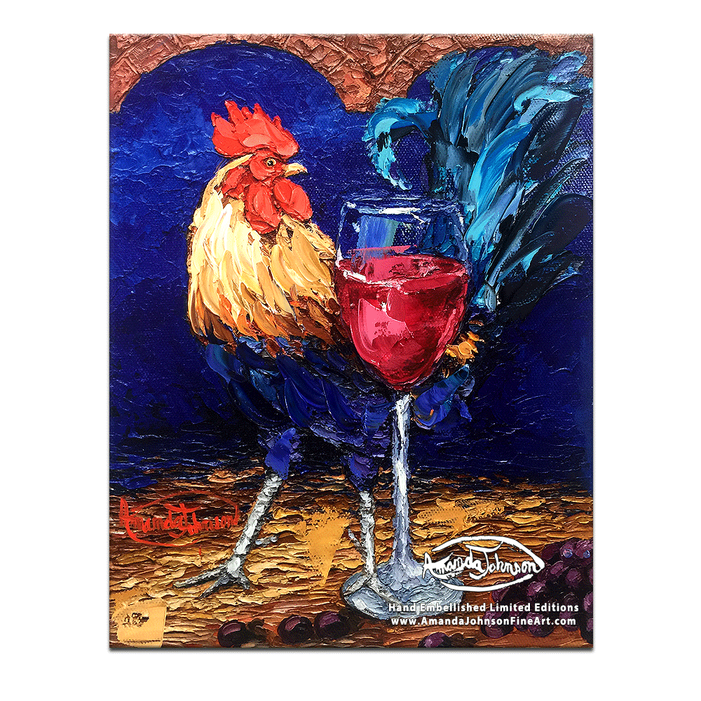 Wine Roosters – Red Cock – LE Embellished Giclee On Canvas