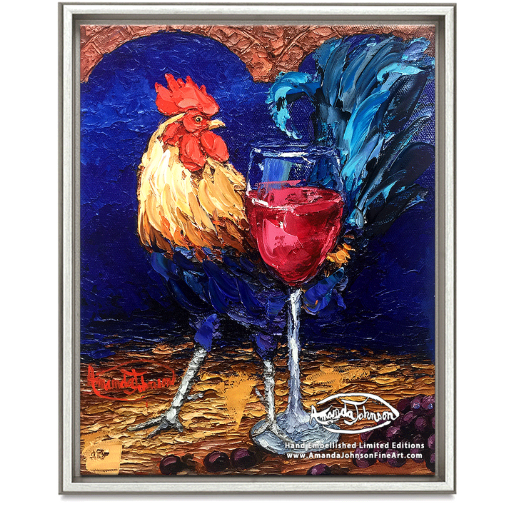 Wine Roosters – Red Cock – LE Embellished Giclee On Canvas