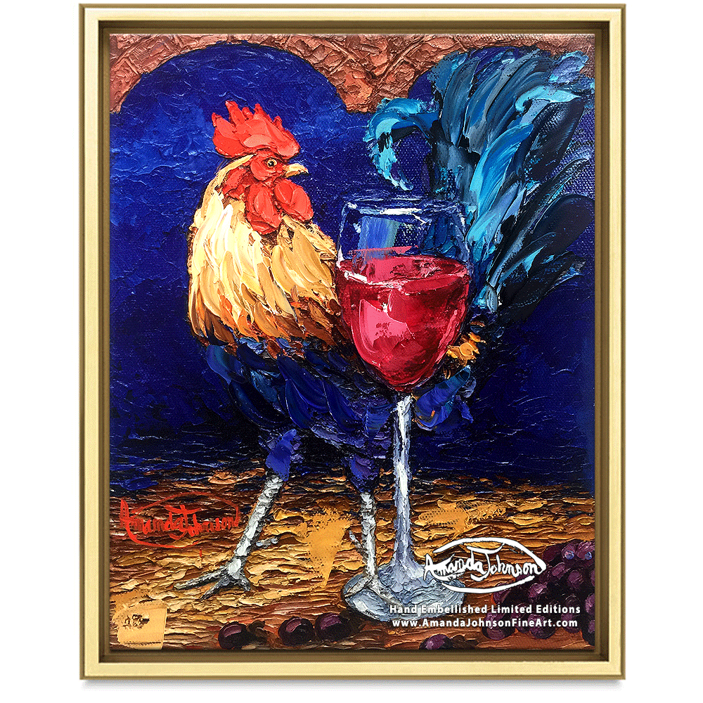 Wine Roosters – Red Cock – LE Embellished Giclee On Canvas