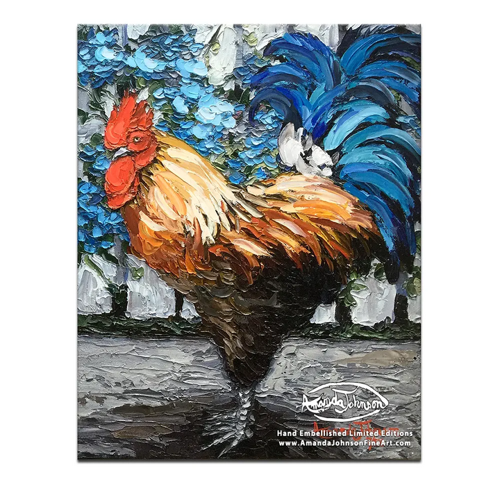 Watchful Rooster – LE Embellished Giclee On Canvas