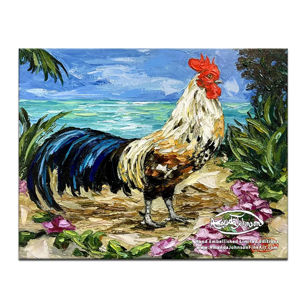 Morning Glory Rooster – LE Embellished Giclee On Canvas