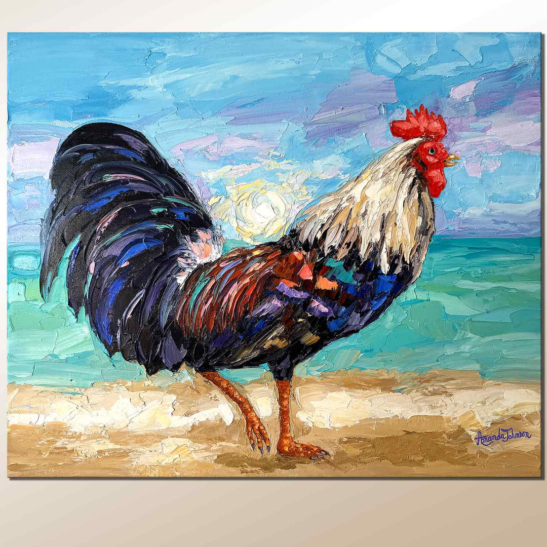 Beach Sunrise Rooster – Original Oil On Canvas
