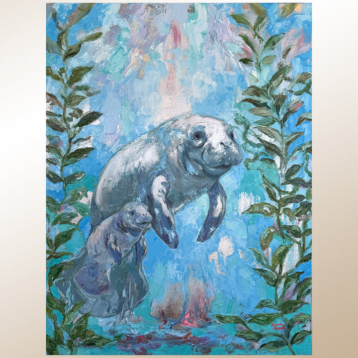 Manatee And Cub – Original Oil And Silver Leaf On Canvas