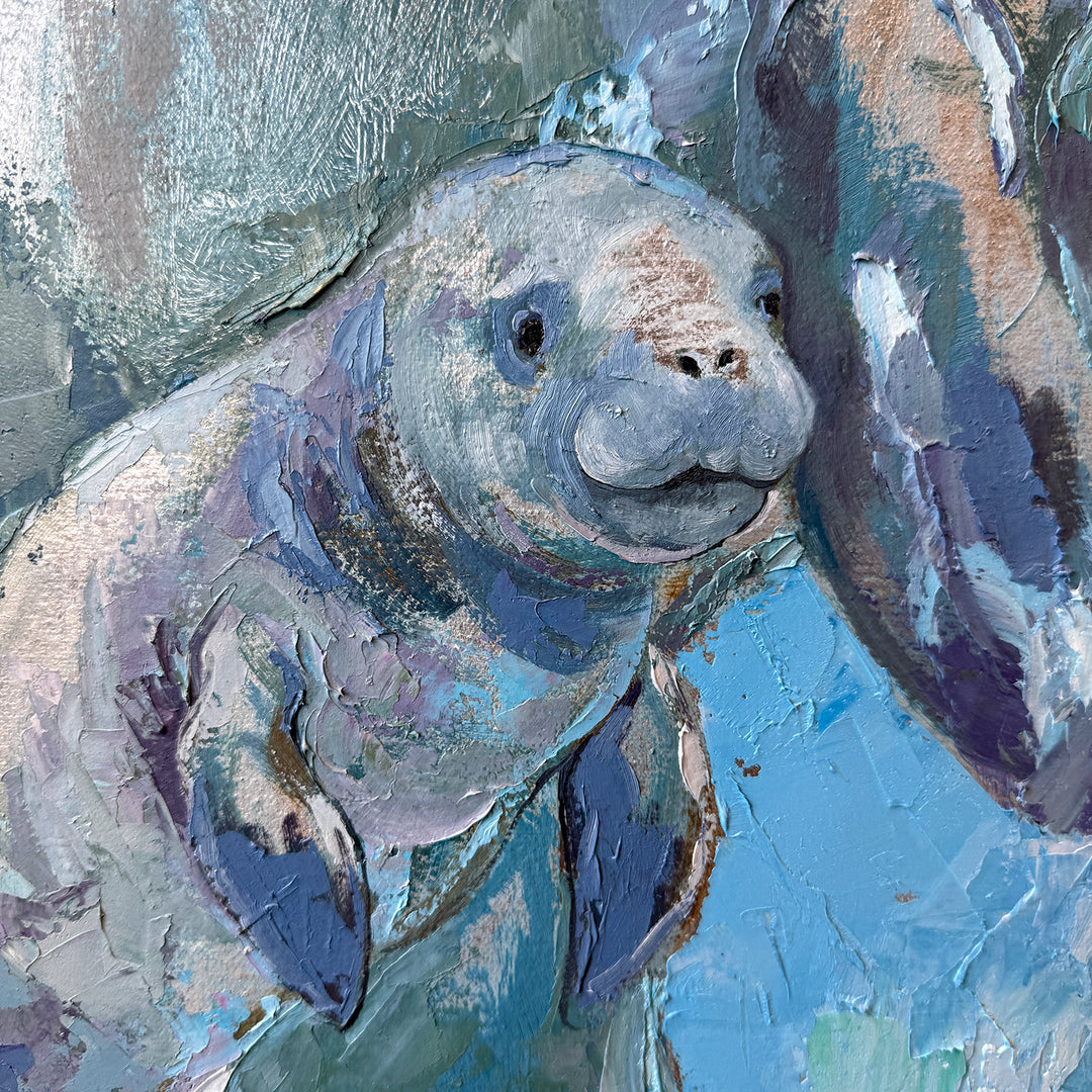 Manatee And Cub – Original Oil And Silver Leaf On Canvas